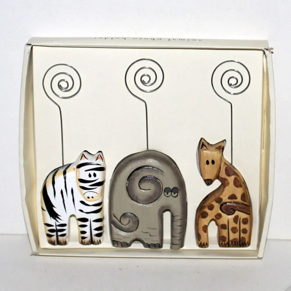 Pier 1 set 3 Animal Photo Holder wood hand painted decor elephant zebra giraffe
